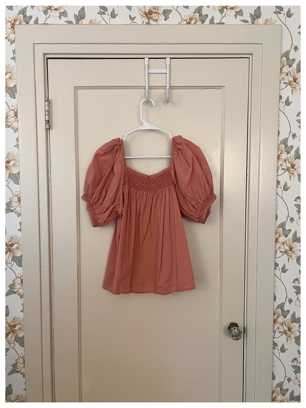 Doen Terracotta Puff-Sleeve Smocked Square-Neck Top
